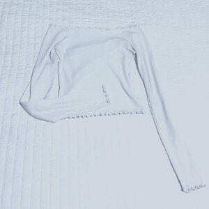 White Off the Shoulder Lettuce Trim Long Sleeves Shirt